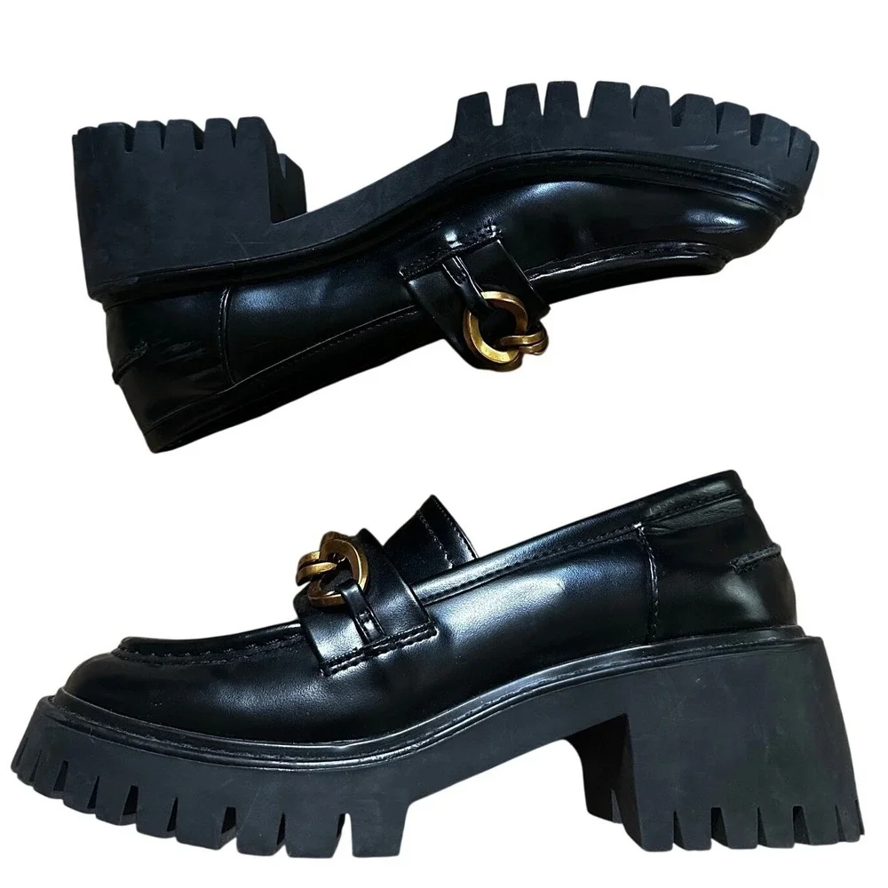 Zara Black Lug Sole With Gold Chain Link Platform Loafers Women's 7.5